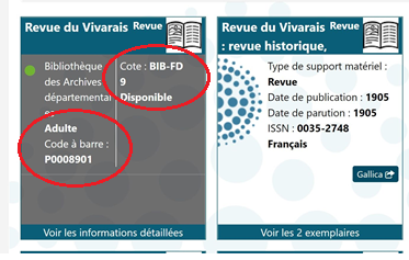 extrait d'une fiche de document du logiciel syrtis avec la mention de la cote et du code barre soulignés en rouge