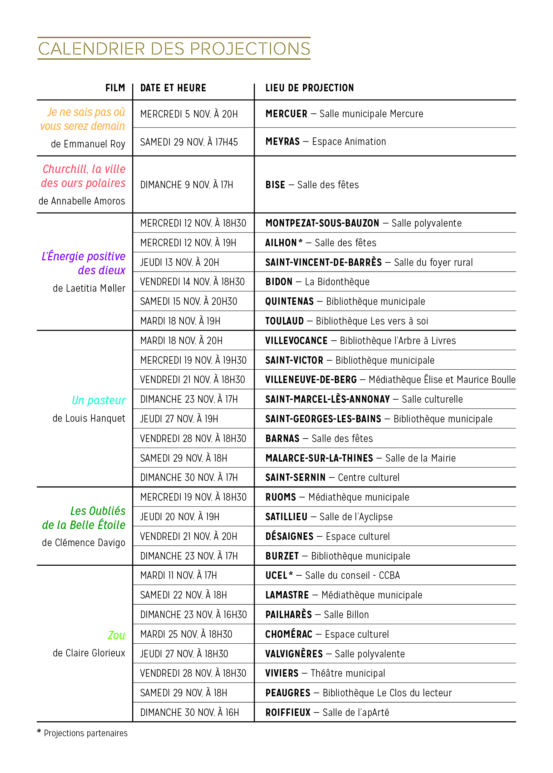 calendrier des projections avec dates et lieux