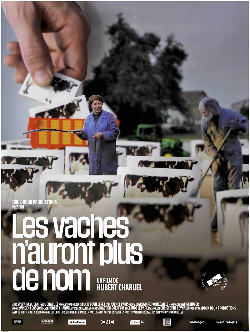 affiche avec un théâtre de papier représentant des paysans et leurs vaches