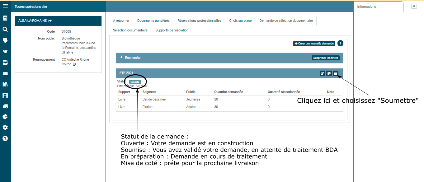 Copie d'écran pour connaitre l'emplacement pour valider la demande