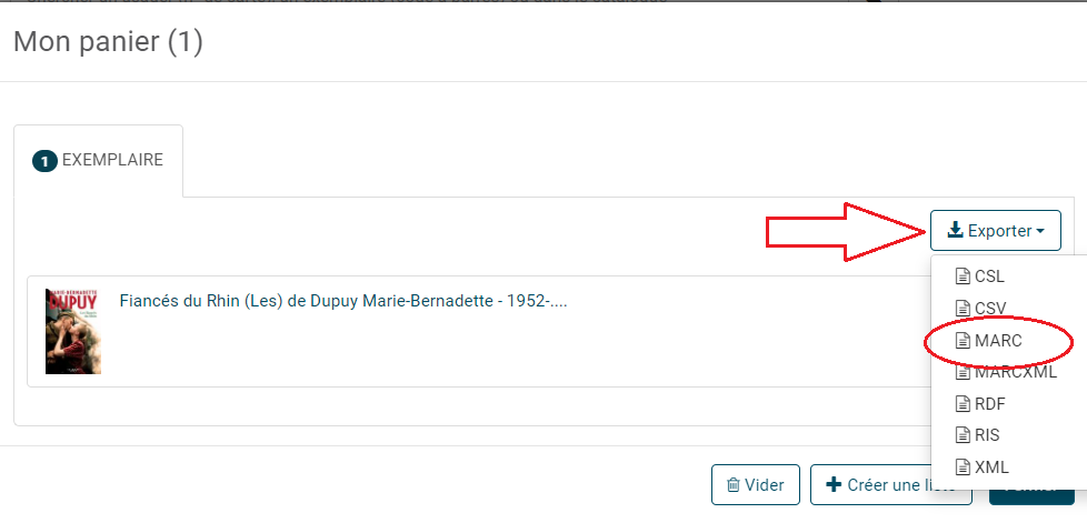 copie d'écran de la fonction exporter le panier en .marc dans Gestion