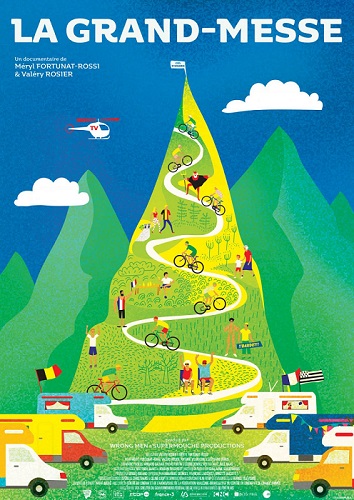 affiche avec illustration d'une montagne verte sur laquelle roulent des cyclistes