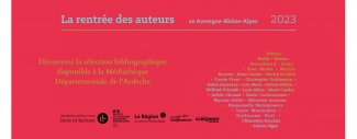 affiche sur fond rouge avec liste des auteurs invités en jaune