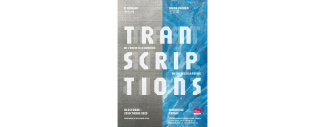 Affiche grise et bleue avec le mot transcription écrit en blanc au centre