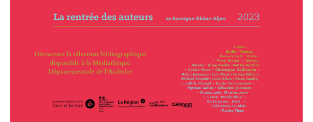 affiche sur fond rouge avec liste des auteurs invités en jaune