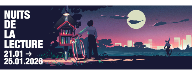 personnage tenant un vélo à côté d'une forêt et retrouvant un autre venant de la ville sur fond de soleil couchant